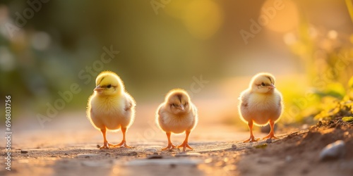 Yellow Little chicks are walking on the grass