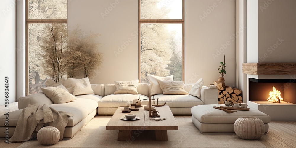 Minimal, modern , elegant, neutral, cozy and white bohemian, boho living room with a sofa and plants. soft earthy colors. Interior furniture design inspiration.
