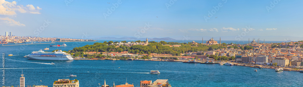 Galata Tower aerial view on Istanbul skyline with Topkapi palace, Yeni Camii new mosque, Hagia Sophia Mosque and Blue mosque. Istanbul city's Bosphorus strait, beauty in Turkey