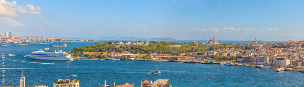 Galata Tower aerial view on Istanbul skyline with Topkapi palace, Yeni Camii new mosque, Hagia Sophia Mosque and Blue mosque. Istanbul city's Bosphorus strait, beauty in Turkey Galata Tower aerial view on Istanbul skyline with Topkapi palace, Yeni Camii new mosque, Hagia Sophia Mosque and Blue mosque. Istanbul city's Bosphorus strait, beauty in Turkey