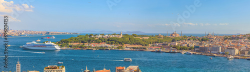Galata Tower aerial view on Istanbul skyline with Topkapi palace, Yeni Camii new mosque, Hagia Sophia Mosque and Blue mosque. Istanbul city's Bosphorus strait, beauty in Turkey