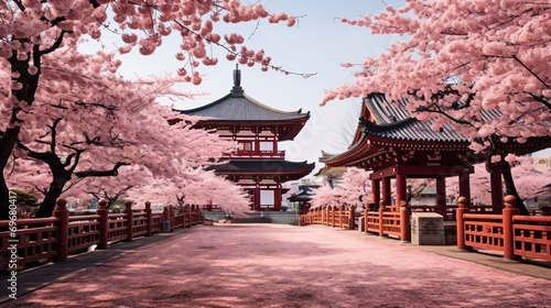 Shingon Buddhist temple and cherry blossom trees photo