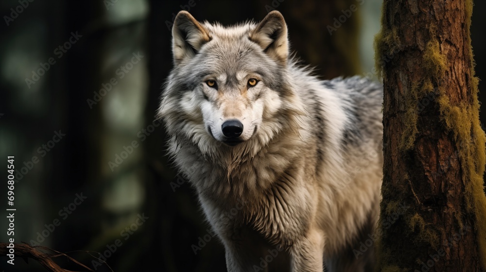 A Gray Wolfs Piercing Gaze In Its Woodland Domain Lone Wolf In A Gray Coat Of Fur