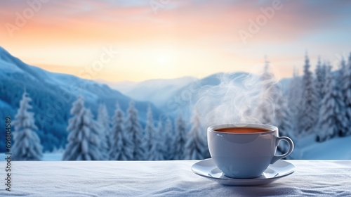 Enjoying A Hot Cup Of Coffee Against A Winter Backdrop