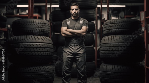 Mechanic At A Repair Garage Holding A Tire For Replacement