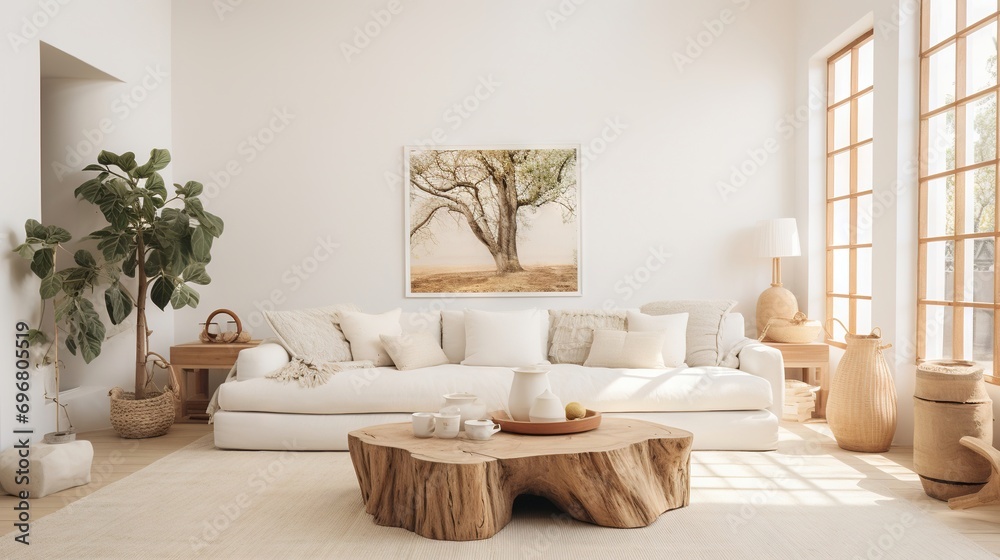 Fototapeta premium Minimal, modern , elegant, neutral, cozy and white bohemian, boho living room with a sofa and plants. soft earthy colors. Interior furniture design inspiration.