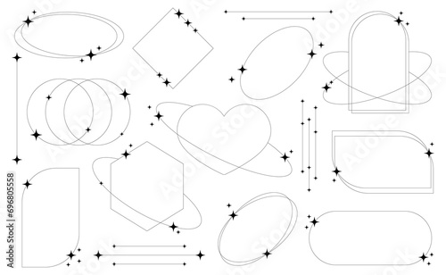Set of geometric aesthetic abstract line frames and shapes with stars boho, brutalism, Y2K style. Geometric elements with sparkles for template design social media, poster, banner, logo, stickers