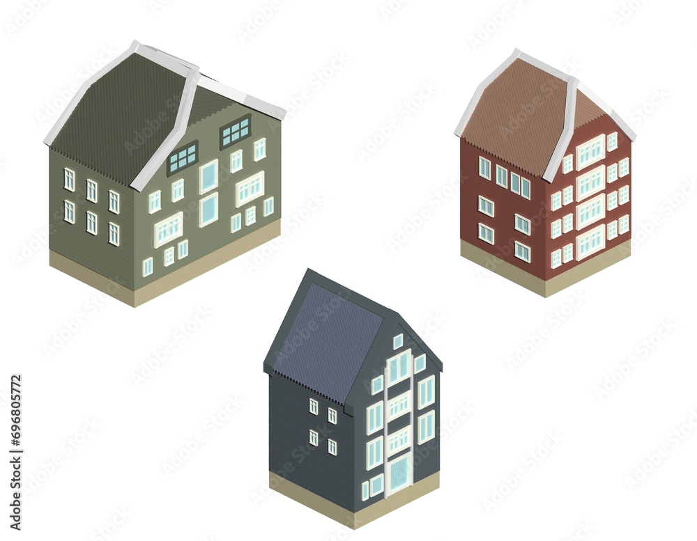 Wooden buildings, buildings made of wood in Norway, Europe. The buildings are three or four stories tall and have multiple windows. 3d render illustration isometric image.