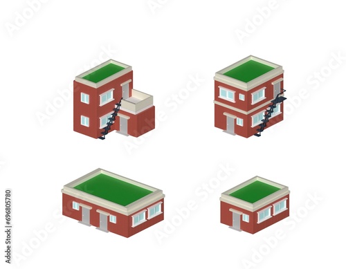 Stone buildings, one- or two-story single-family homes made of red brick. Common slightly older villa buildings seen in Asia or Korea. 3d render illustration isometric image.