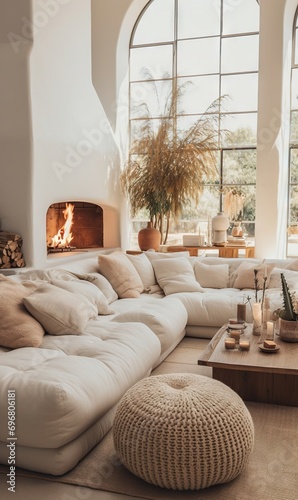 Minimal, modern , elegant, neutral, cozy and white bohemian, boho living room with a sofa and plants. soft earthy colors. Great as interior furniture design inspiration.