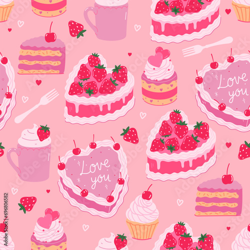 Seamless pattern with cute pink desserts. Vector graphics.