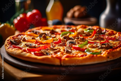 Veggie Pizza with Bell Peppers and Mushrooms on a Wooden Platter, Close-up Shot, created with Generative AI