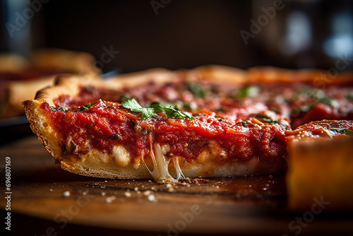 Deep Dish Chicago Style Pizza on a Platter, Macro Shot, created with Generative AI