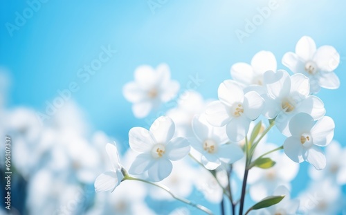 White flowers and butterfly in spring in a forest meadow close-up in sunlight and hand