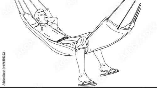 Sketch drawing of man relaxing in hammock, Cartoon illustration of man sleeping on a hammock, Vector graphic of man leisurely resting in a hammock