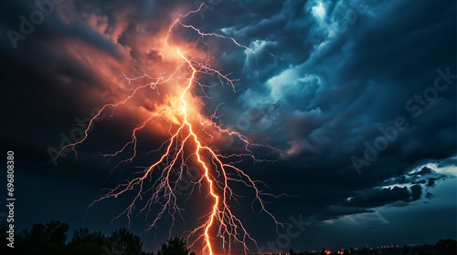 Strike of lightning on dark, futuristic light background. photo