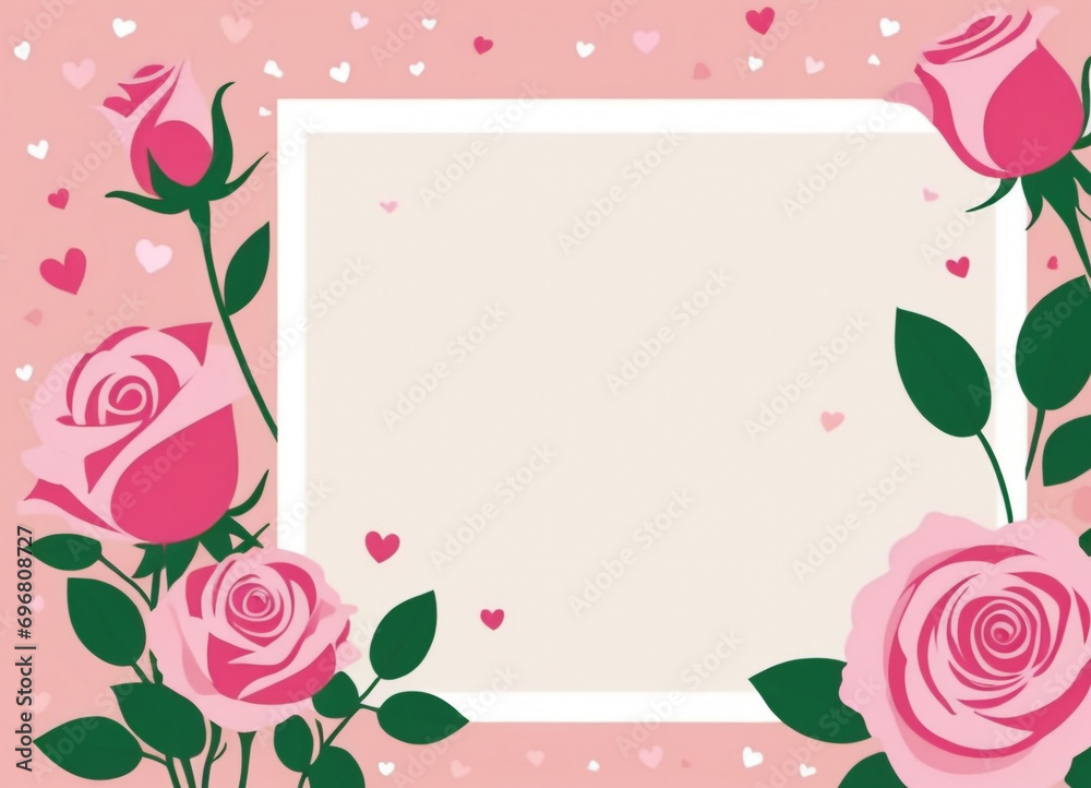 Valentine background card layout with pink roses and a blank sheet in the middle for writing greetings