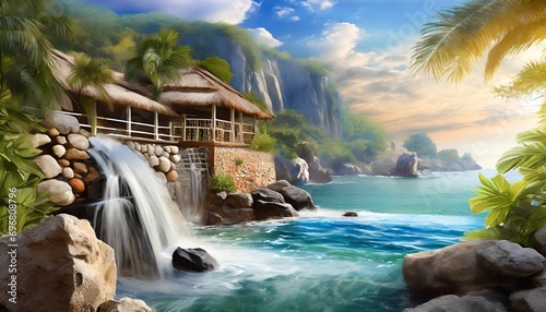 digital illustration sea view rocky waterfall and bungalow photo wallpapers mural on the wall