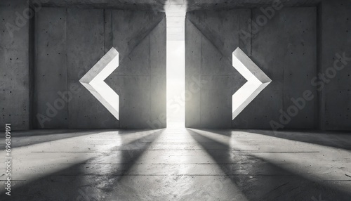 abstract empty modern concrete room with double arrow opening backlit from above and rough floor industrial interior background template photo
