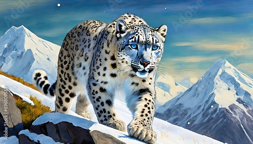 an illustration of a rare snow leopard roaming on mount everest at 18 000 ft generative ai
