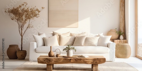 Minimal, modern , elegant, neutral, cozy and white bohemian, boho living room with a sofa and plants. soft earthy colors. Great as interior furniture design inspiration. © MiniMaxi