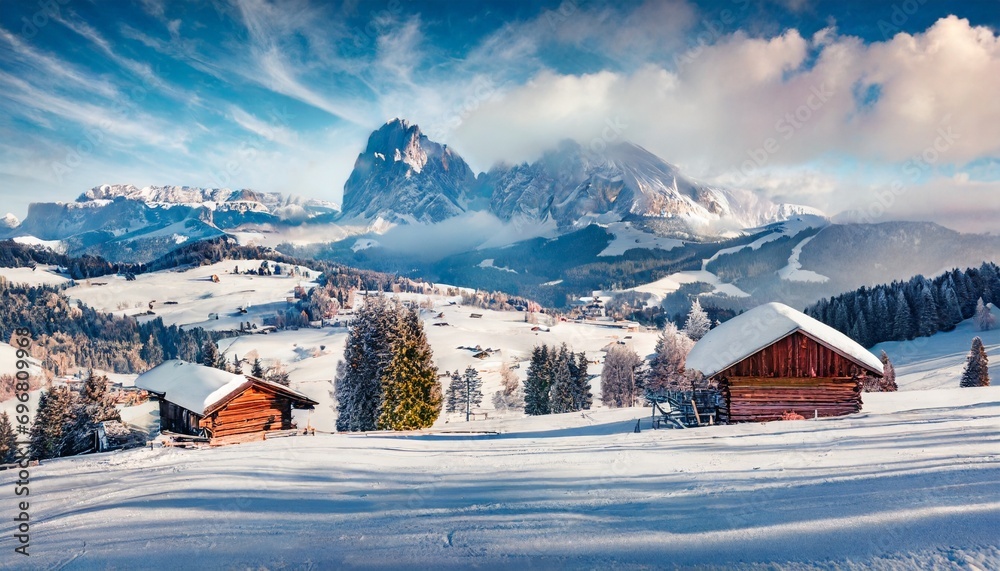 frosty morning view of alpe di siusi village breathtaking winter landscape of dolomite alps majestic outdoor scene of ski resort ityaly europe beauty of nature concept background - obrazy, fototapety, plakaty 