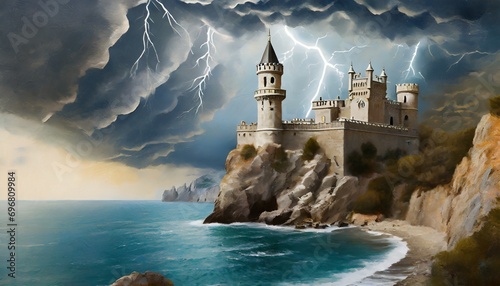 illustration of a thunderstorm on the seashore swallow s nest castle in the crimea mural photo wallpaper