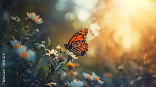 Beautiful colorful summer spring natural flower background. butterfly on a bright sunny day with beautiful bokeh © Davy