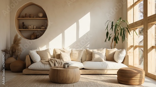 Minimal, modern , elegant, neutral, cozy and white bohemian, boho living room with a sofa and plants. soft earthy colors. Great as interior furniture design inspiration.