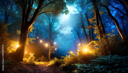 gloomy fantasy forest scene at night with glowing lights