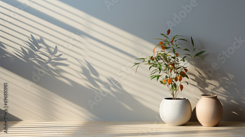 Interior limpio y sencillo de una pared con plantas en el frente. Sombras y luces . photo