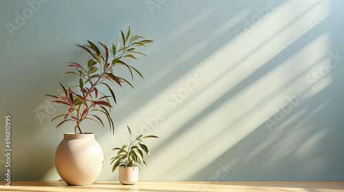 Interior limpio y sencillo de una pared con plantas en el frente. Sombras y luces . photo
