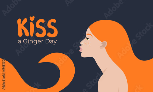 Banner Kiss a Ginger Day, January 12. Red-haired beautiful woman kisses. Vector illustration