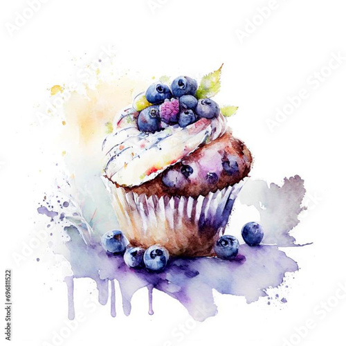 Sweet watercolor cupcake decorated with cream and berries. Delicious vanilla cake with cream.