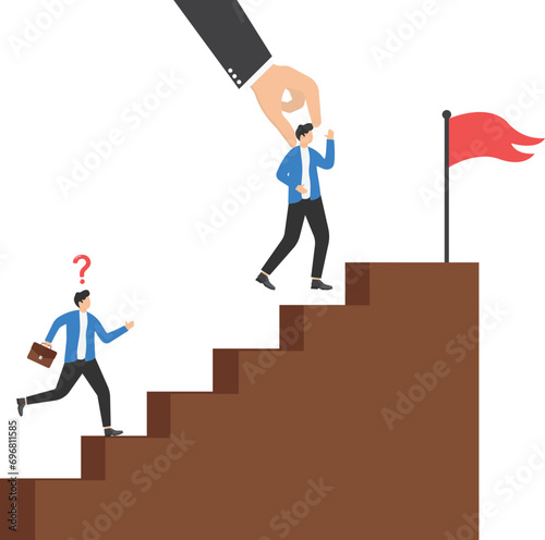 Unfair treatment at work, double standards, cheating on job positions by using connection, nepotism or discrimination concept, Manager hand helping employee overtake colleagues to top of stair.

