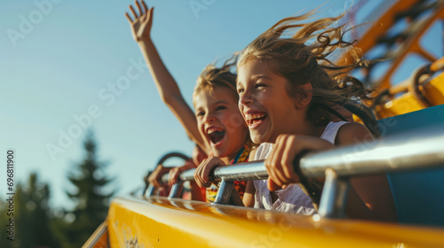 Young children girls riding a rollercoaster at an amusement park experiencing excitement, joy, laughter, and fun © Keitma