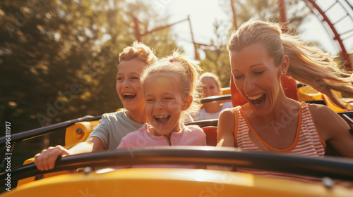 Young children and mother riding a rollercoaster at an amusement park experiencing excitement, joy, laughter, and fun