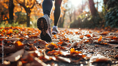 Legs of a female runner jogging in a park on a winter or autumn sunny afternoon photo