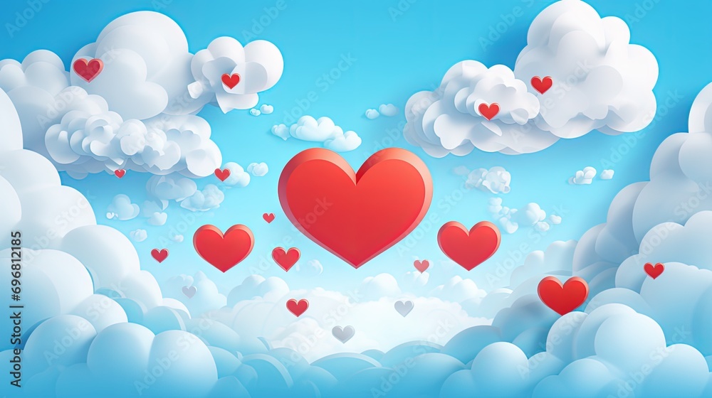 valentine day greeting card with hearts in the air, in the sky blue and pink background copy space
