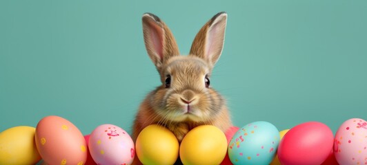 Funny easter concept holiday animal celebration greeting card - Cute little easter bunny, rabbit sitting in many colorful painted esater eggs, isolated on green background