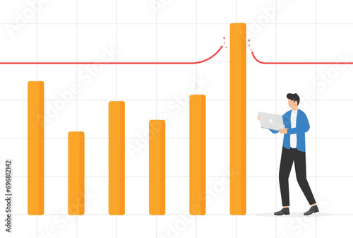 Record breaking sales, earning exceed expectation, surpassing business target concept, Cheerful businessman seeing bar graph breaking through record line.

