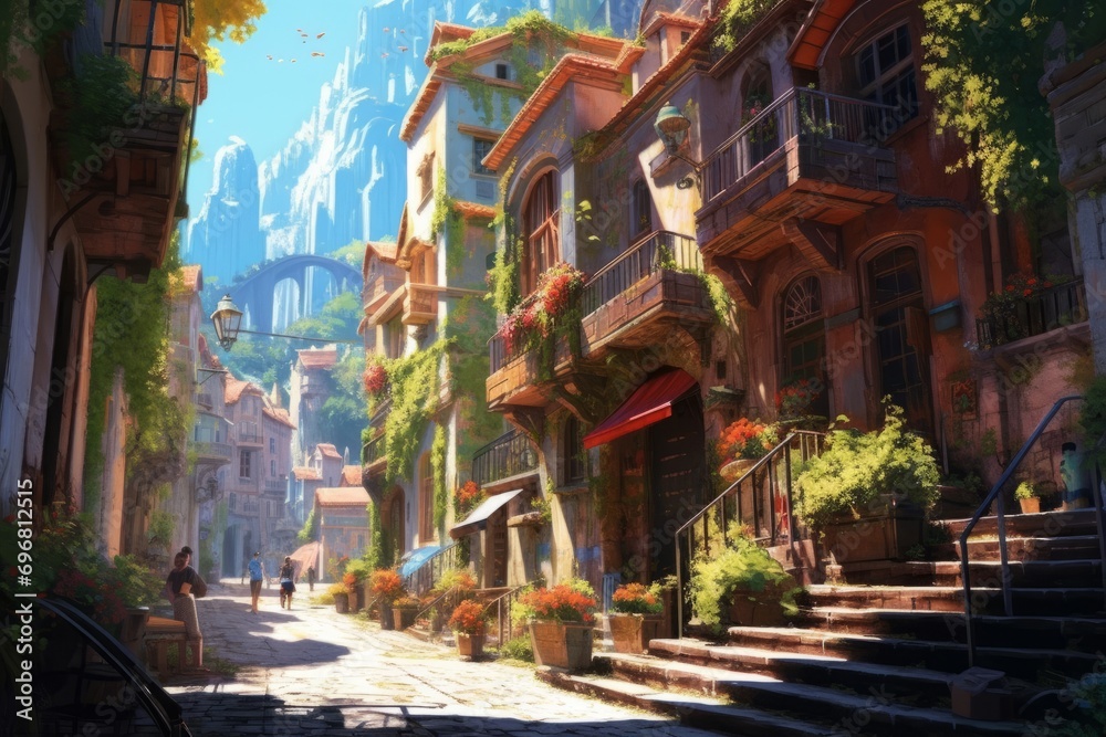 Fototapeta premium View of the streets of Barcelona. Digital Illustration
