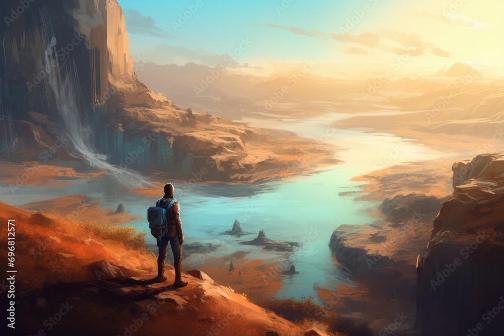 Hiker with backpack on the mountain river at sunset. Digital illustration