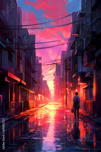 Digital painting of a man walking through a city street at sunset.