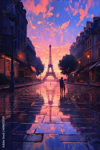 Digital painting of Eiffel tower at sunset