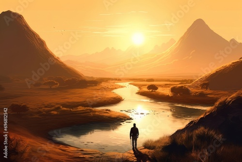 Man in the mountains at sunset. 3D illustration. Fantasy landscape.