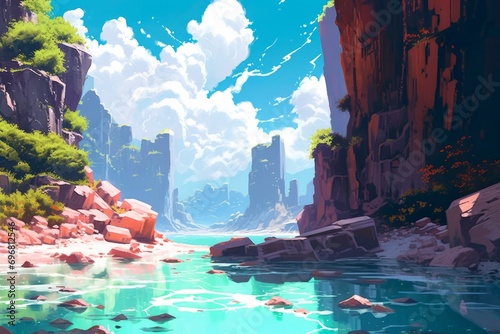 Fantasy landscape with mountains, river and sky. Digital illustration
