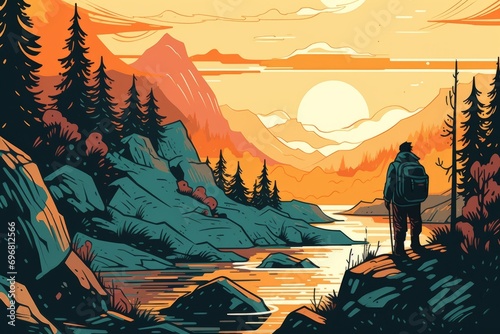 Hike in the mountains. Digital illustration of a man with a backpack goes along the river.