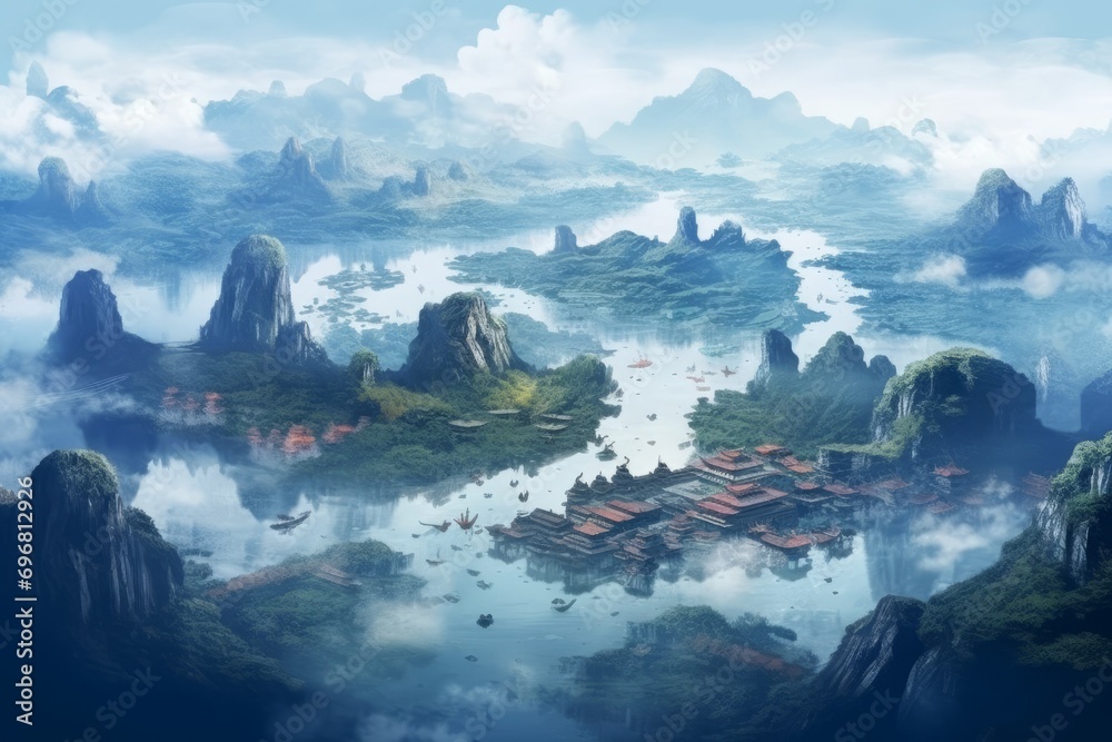 Fantasy Landscape with Mountain and Lake. Digital Illustration.