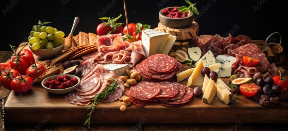 Assorted gourmet meats and cheeses spread on wooden table. Gourmet food and dining.